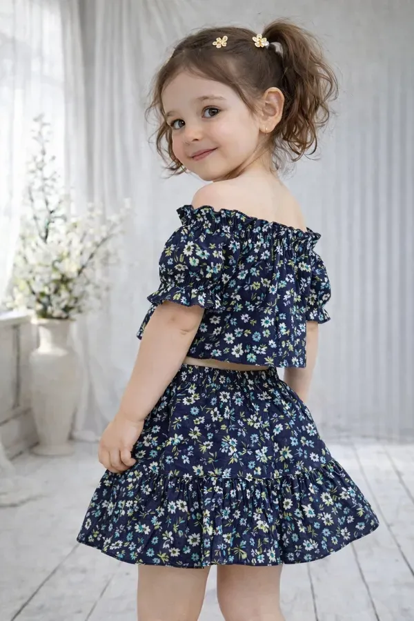 Girls_Navy_Blue_Floral_Off_Shoulder_Top_Skirt_Set_Stylish_Summer_Kids