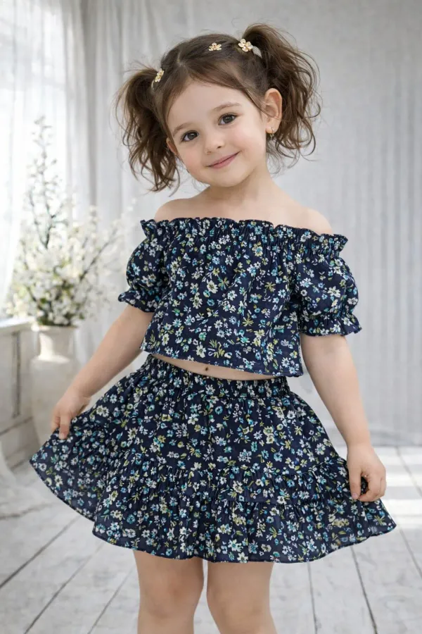 Girls_Navy_Blue_Floral_Off_Shoulder_Top_Skirt_Set_Stylish_Summer_Kids