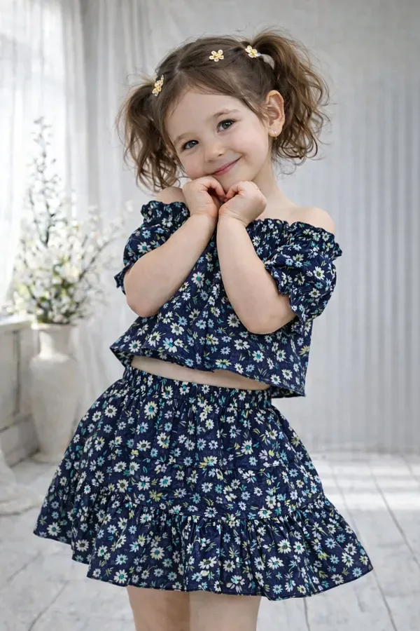 Girls_Navy_Blue_Floral_Off_Shoulder_Top_Skirt_Set_Stylish_Summer_Kids