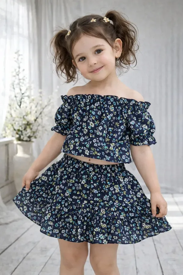 Girls_Navy_Blue_Floral_Off_Shoulder_Top_Skirt_Set_Stylish_Summer_Kids