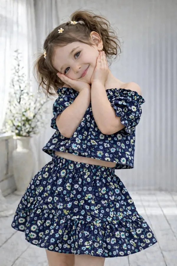 Girls_Navy_Blue_Floral_Off_Shoulder_Top_Skirt_Set_Stylish_Summer_Kids