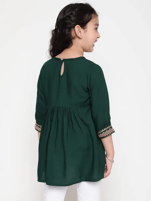 Green_Rayon_Floral_Embroidery_Regular_Fit_Tie_Up_Neck_Casual_Top_For_Girls