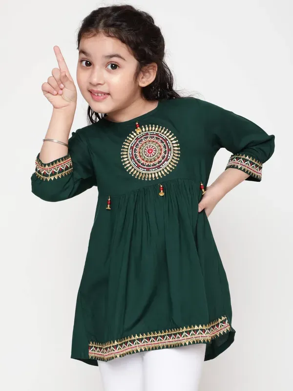 Green_Rayon_Floral_Embroidery_Regular_Fit_Tie_Up_Neck_Casual_Top_For_Girls