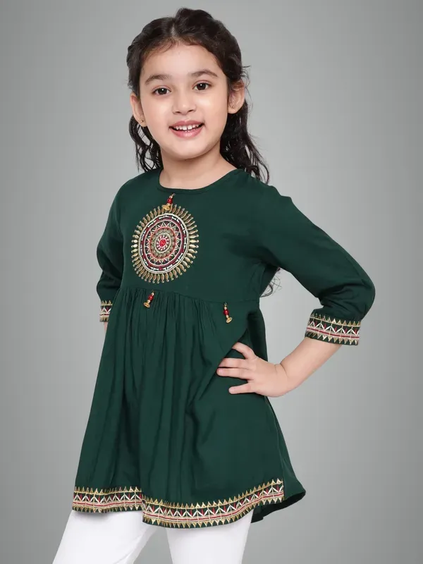 Green_Rayon_Floral_Embroidery_Regular_Fit_Tie_Up_Neck_Casual_Top_For_Girls