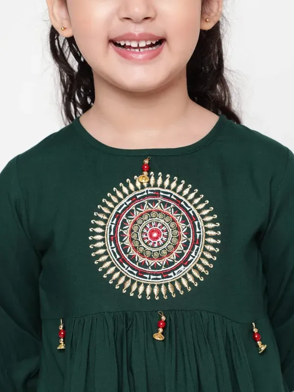 Green_Rayon_Floral_Embroidery_Regular_Fit_Tie_Up_Neck_Casual_Top_For_Girls