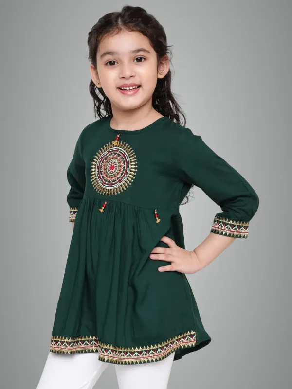 Green_Rayon_Floral_Embroidery_Regular_Fit_Tie_Up_Neck_Casual_Top_For_Girls