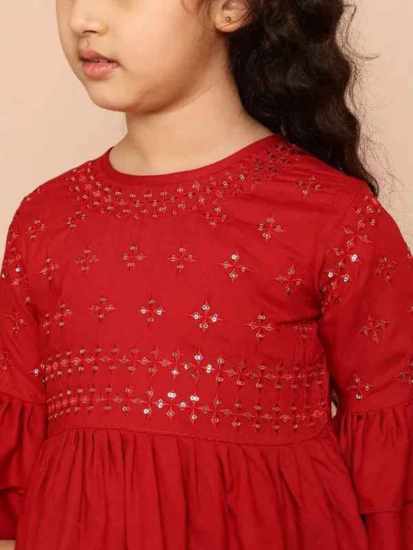 Maroon_Layered_Sleeves_Embroidered_Regular_Fit_Round_Neck_Casual_Top_For_Girls