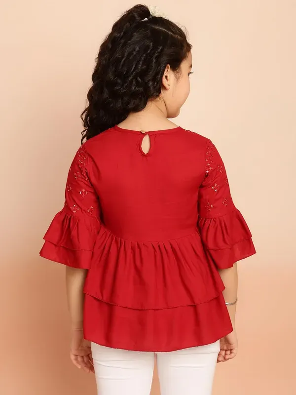 Maroon_Layered_Sleeves_Embroidered_Regular_Fit_Round_Neck_Casual_Top_For_Girls