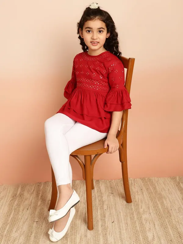 Maroon_Layered_Sleeves_Embroidered_Regular_Fit_Round_Neck_Casual_Top_For_Girls