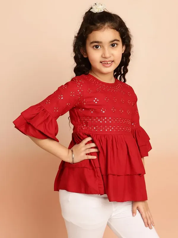 Maroon_Layered_Sleeves_Embroidered_Regular_Fit_Round_Neck_Casual_Top_For_Girls