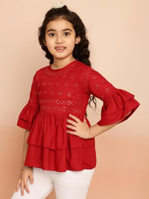 Maroon_Layered_Sleeves_Embroidered_Regular_Fit_Round_Neck_Casual_Top_For_Girls