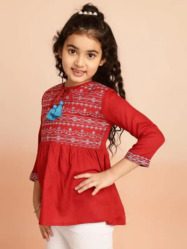 Maroon_Rayon_Embroidered_Regular_Fit_Tie_Up_Neck_Casual_Top_For_Girls