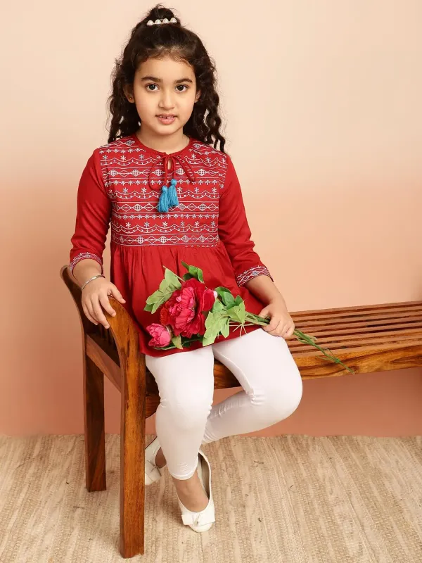 Maroon_Rayon_Embroidered_Regular_Fit_Tie_Up_Neck_Casual_Top_For_Girls