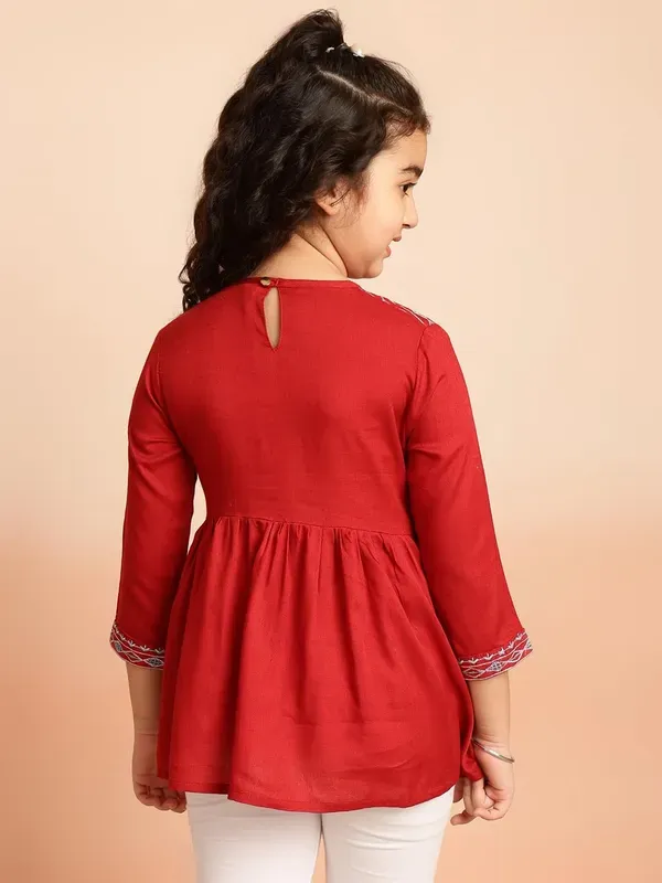 Maroon_Rayon_Embroidered_Regular_Fit_Tie_Up_Neck_Casual_Top_For_Girls