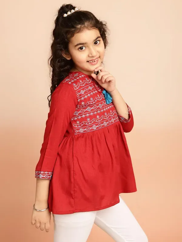 Maroon_Rayon_Embroidered_Regular_Fit_Tie_Up_Neck_Casual_Top_For_Girls