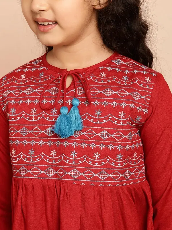 Maroon_Rayon_Embroidered_Regular_Fit_Tie_Up_Neck_Casual_Top_For_Girls