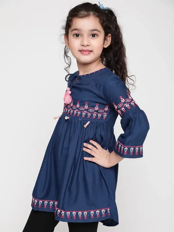 Dark_Blue_Rayon_Floral_Embroidery_Round_Neck_Casual_Top_For_Girls