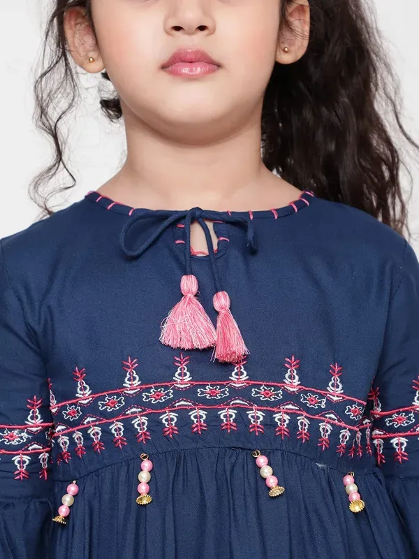 Dark_Blue_Rayon_Floral_Embroidery_Round_Neck_Casual_Top_For_Girls