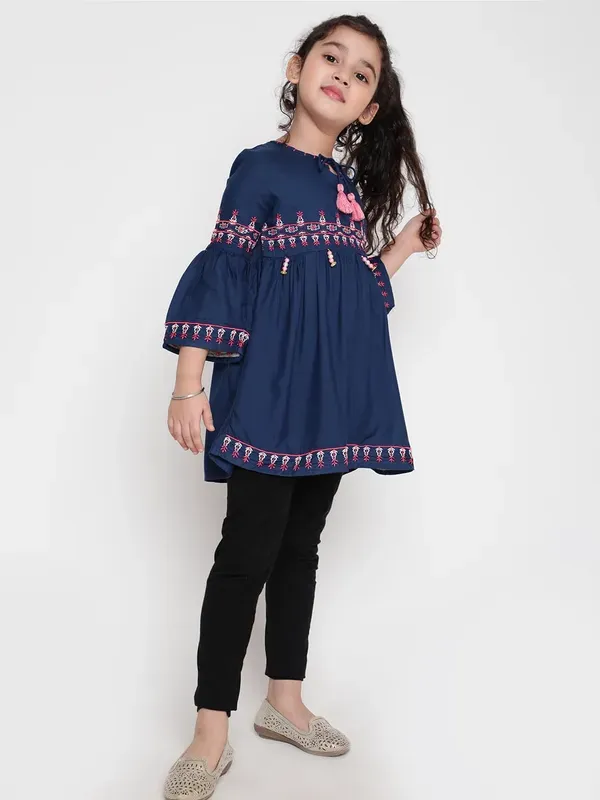 Dark_Blue_Rayon_Floral_Embroidery_Round_Neck_Casual_Top_For_Girls