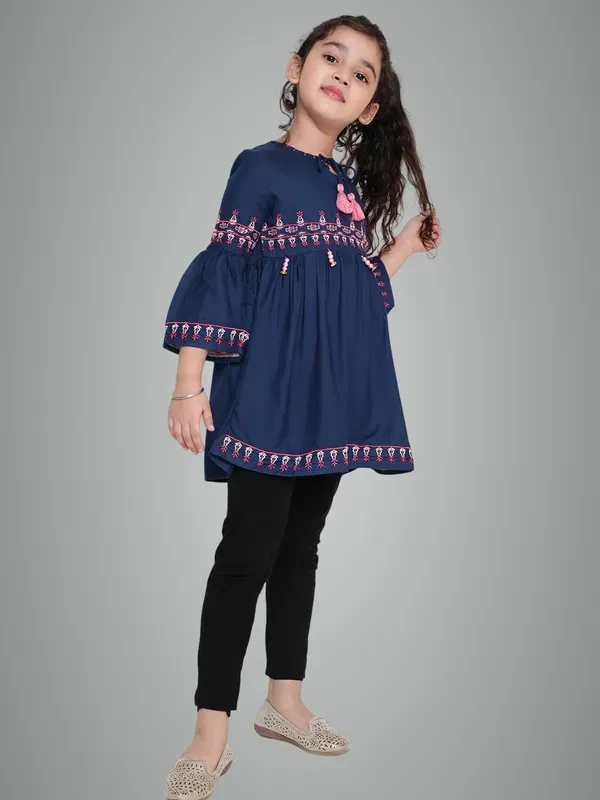 Dark_Blue_Rayon_Floral_Embroidery_Round_Neck_Casual_Top_For_Girls