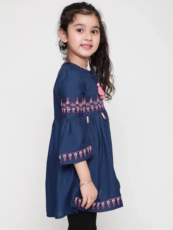 Dark_Blue_Rayon_Floral_Embroidery_Round_Neck_Casual_Top_For_Girls