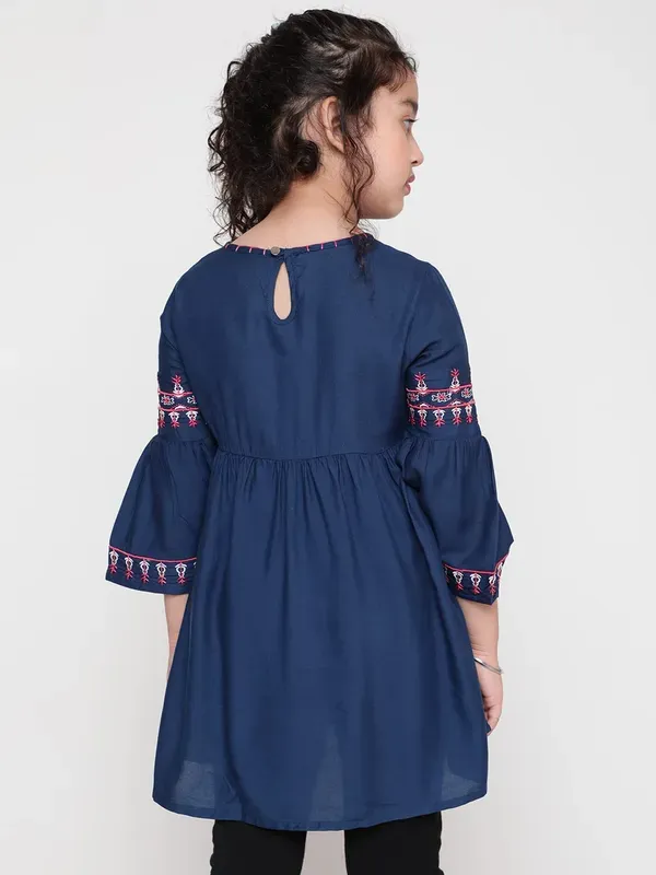 Dark_Blue_Rayon_Floral_Embroidery_Round_Neck_Casual_Top_For_Girls
