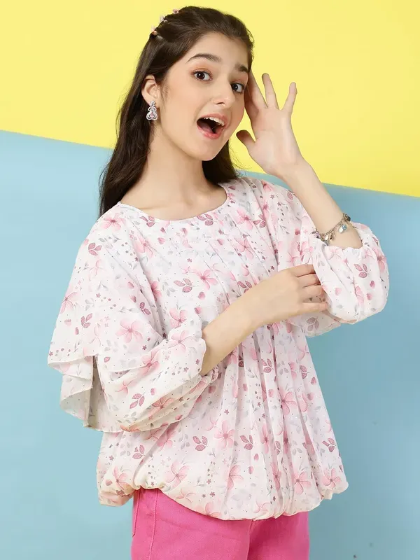 Peach_Floral_Printed_Pleated_Casual_Top_For_Girls