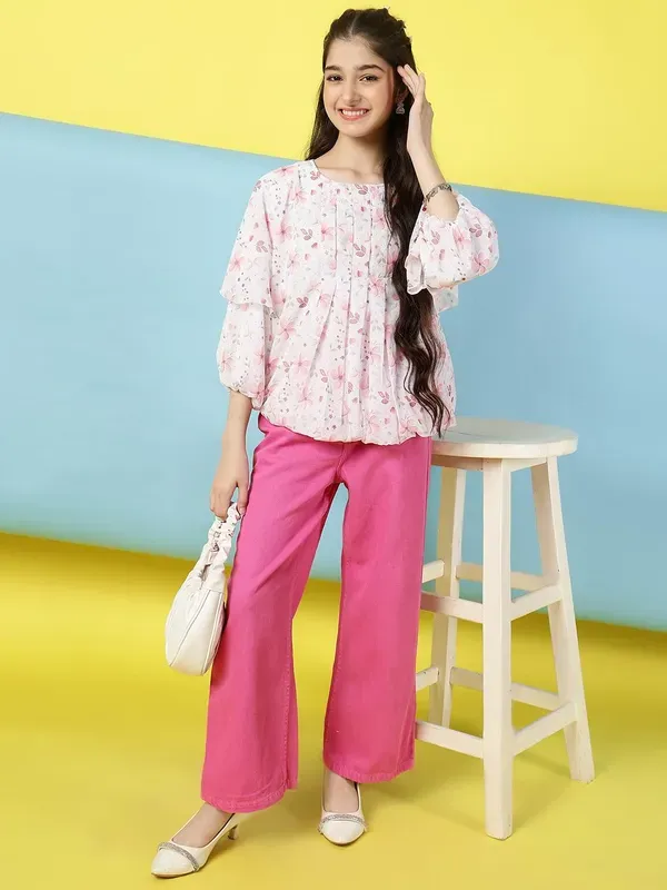 Peach_Floral_Printed_Pleated_Casual_Top_For_Girls