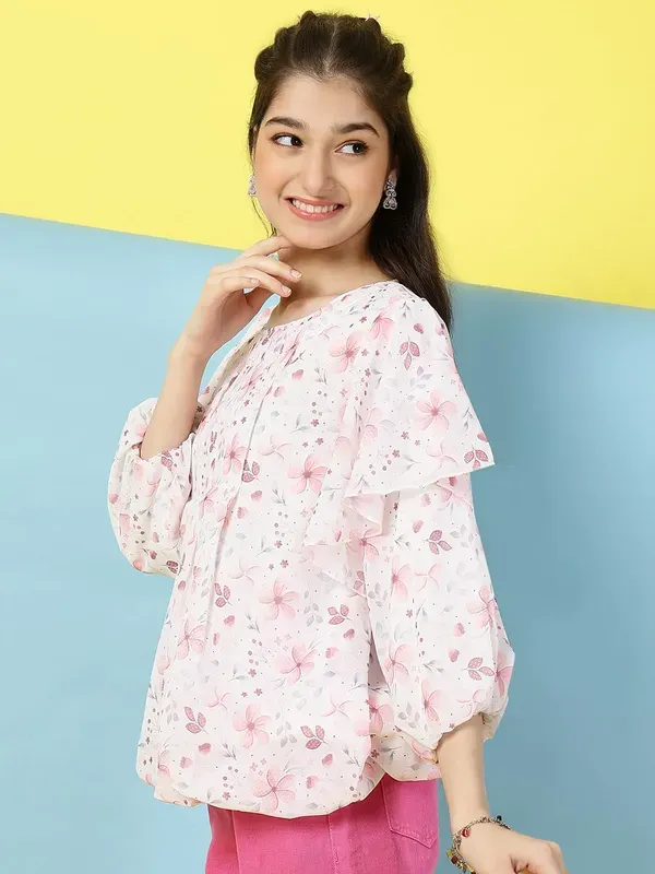 Peach_Floral_Printed_Pleated_Casual_Top_For_Girls