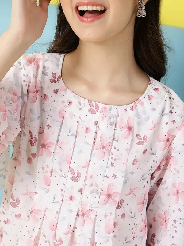 Peach_Floral_Printed_Pleated_Casual_Top_For_Girls