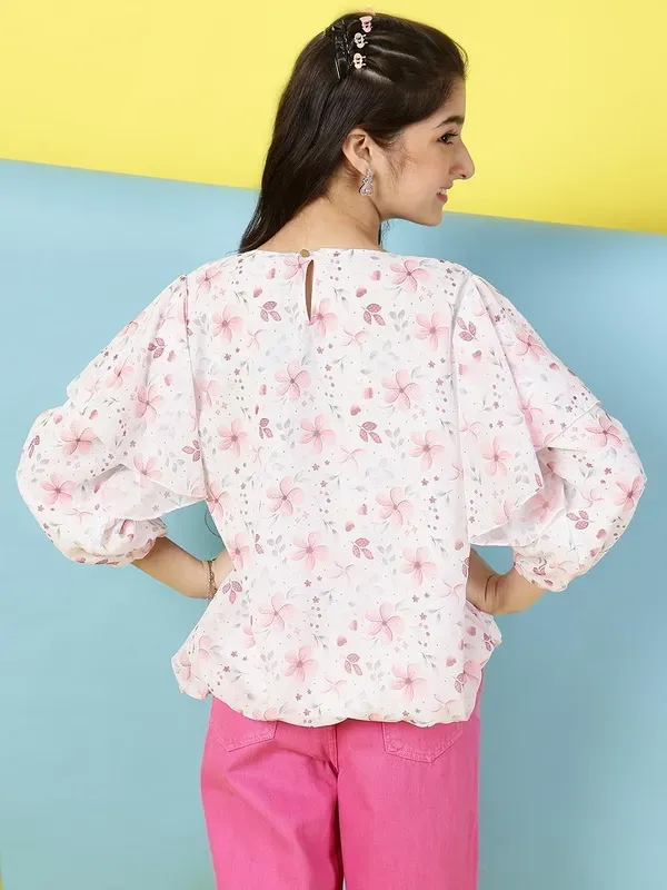 Peach_Floral_Printed_Pleated_Casual_Top_For_Girls