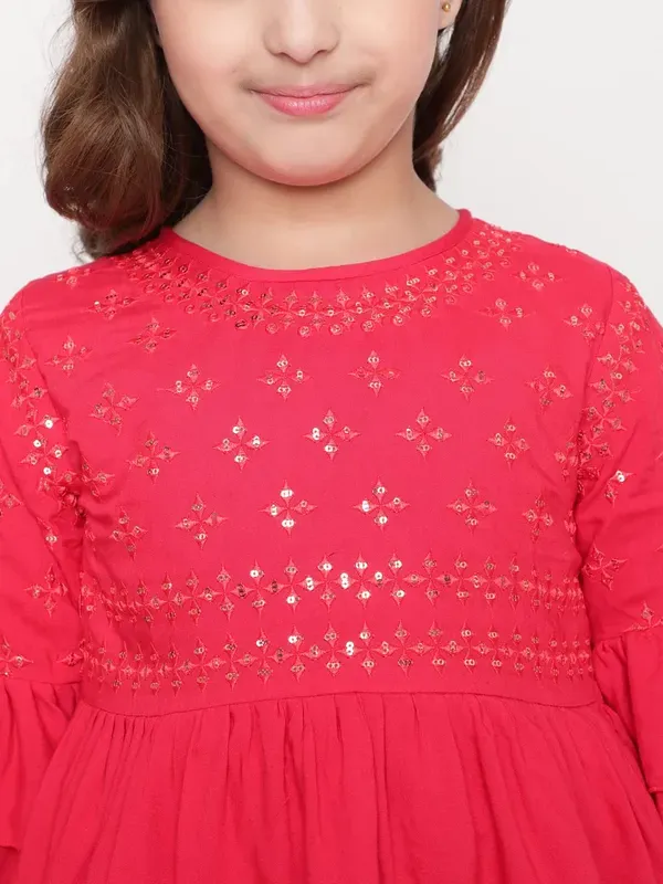 Red_Layered_Sleeves_Embroidered_Regular_Fit_Round_Neck_Casual_Top_For_Girls