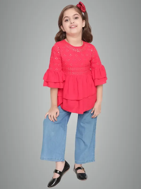 Red_Layered_Sleeves_Embroidered_Regular_Fit_Round_Neck_Casual_Top_For_Girls