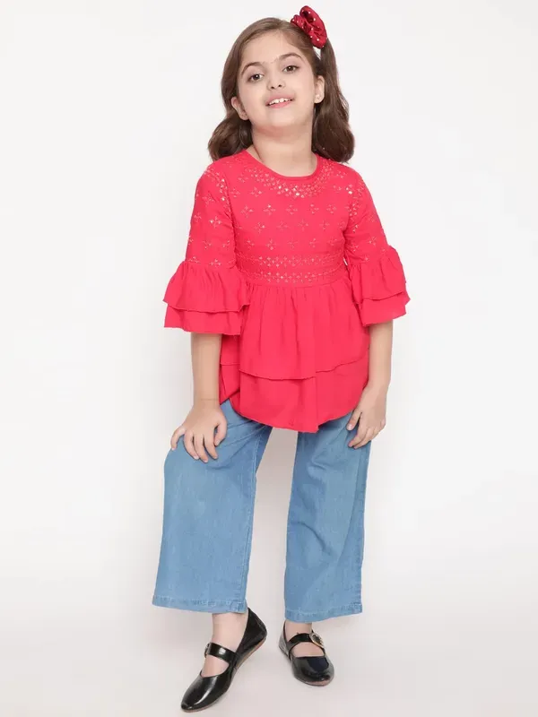 Red_Layered_Sleeves_Embroidered_Regular_Fit_Round_Neck_Casual_Top_For_Girls