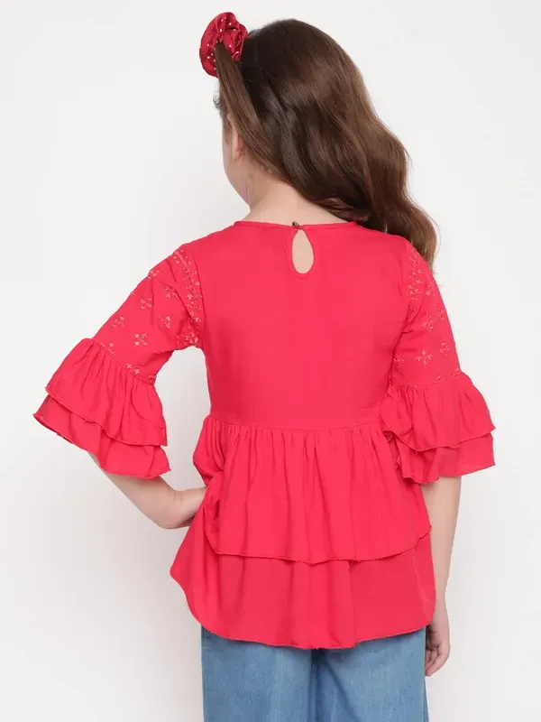 Red_Layered_Sleeves_Embroidered_Regular_Fit_Round_Neck_Casual_Top_For_Girls