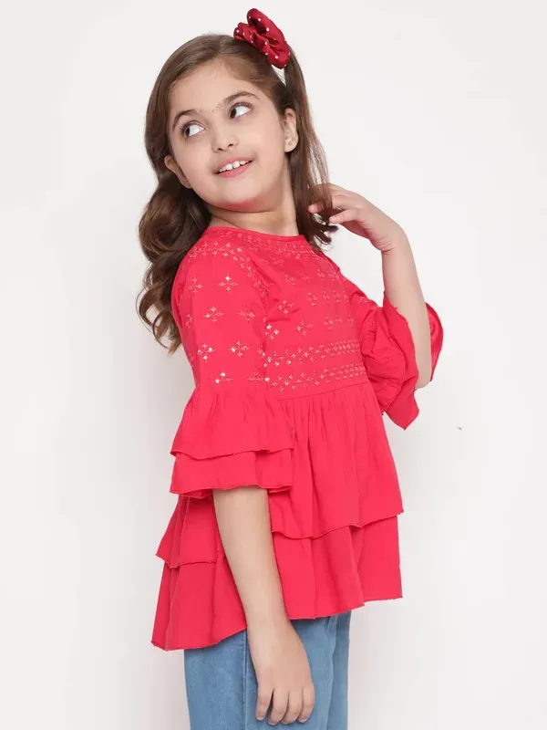 Red_Layered_Sleeves_Embroidered_Regular_Fit_Round_Neck_Casual_Top_For_Girls