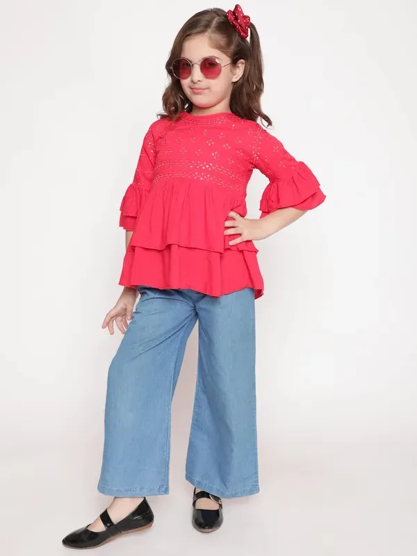 Red_Layered_Sleeves_Embroidered_Regular_Fit_Round_Neck_Casual_Top_For_Girls