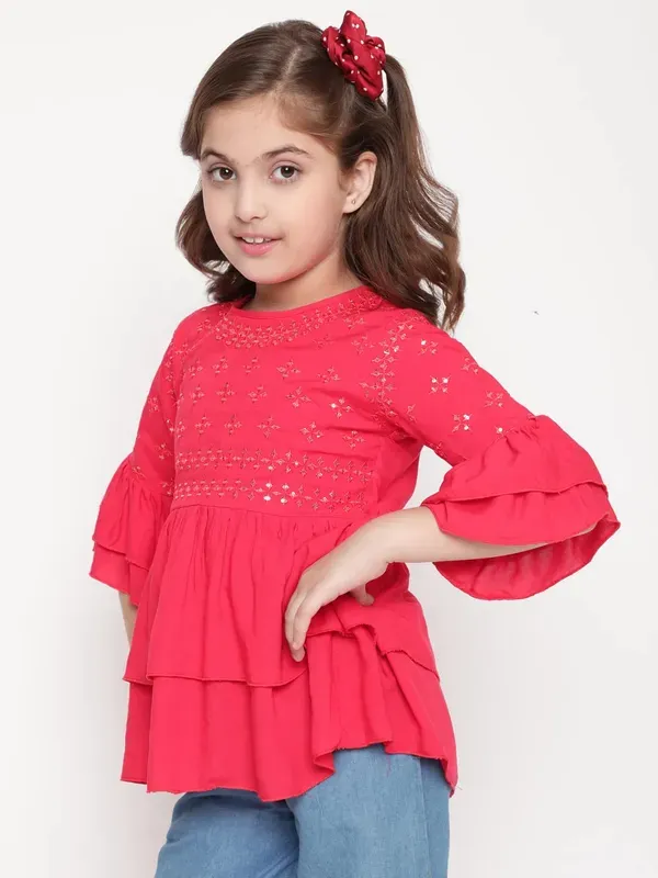 Red_Layered_Sleeves_Embroidered_Regular_Fit_Round_Neck_Casual_Top_For_Girls