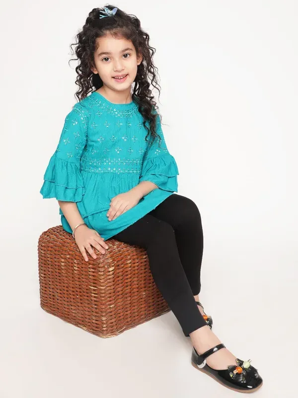Rama_Layered_Sleeves_Embroidered_Regular_Fit_Round_Neck_Casual_Top_For_Girl