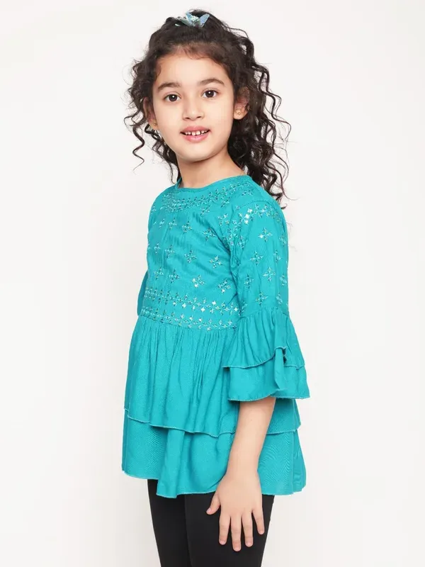 Rama_Layered_Sleeves_Embroidered_Regular_Fit_Round_Neck_Casual_Top_For_Girl