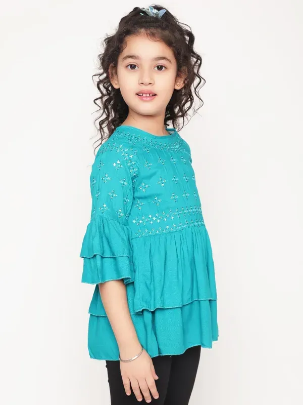 Rama_Layered_Sleeves_Embroidered_Regular_Fit_Round_Neck_Casual_Top_For_Girl