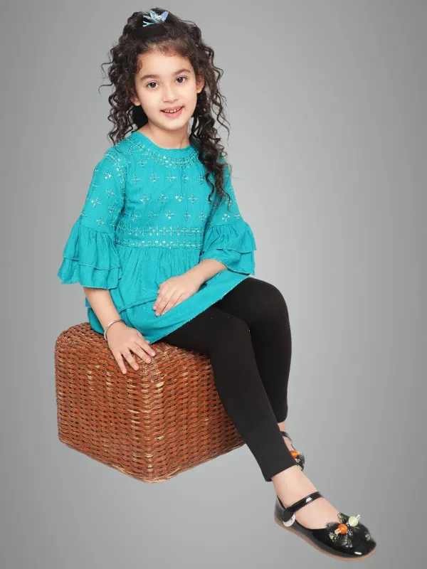 Rama_Layered_Sleeves_Embroidered_Regular_Fit_Round_Neck_Casual_Top_For_Girl