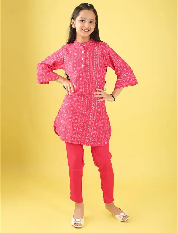 Red_Ethnic_Printed_Cotton_Kurti_And_Pant_Co-Ord_Set_For_Girls