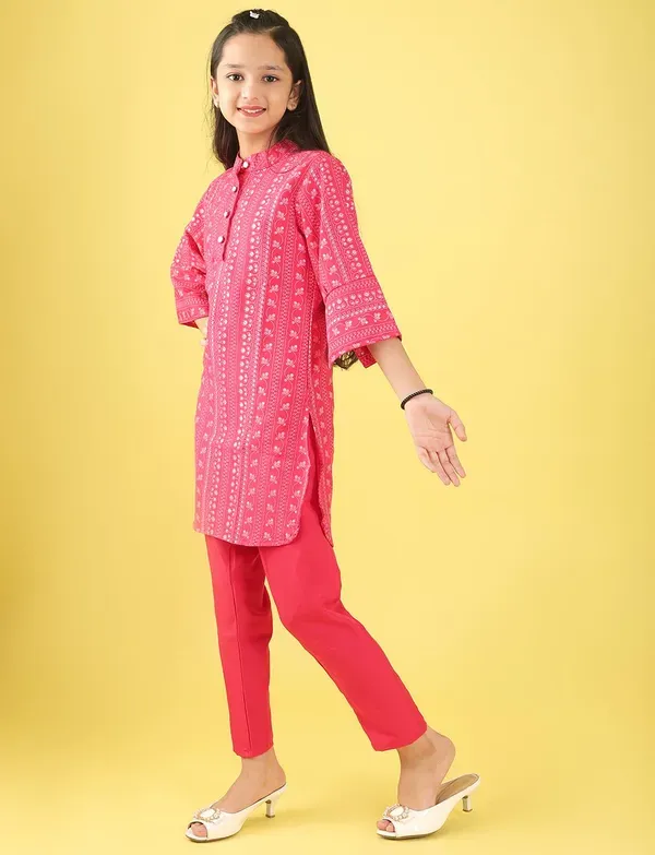 Red_Ethnic_Printed_Cotton_Kurti_And_Pant_Co-Ord_Set_For_Girls