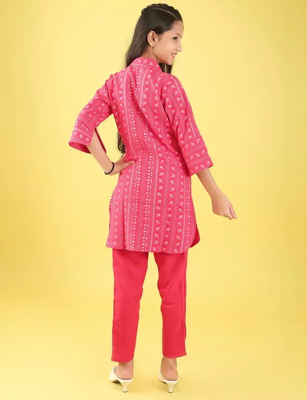 Red_Ethnic_Printed_Cotton_Kurti_And_Pant_Co-Ord_Set_For_Girls