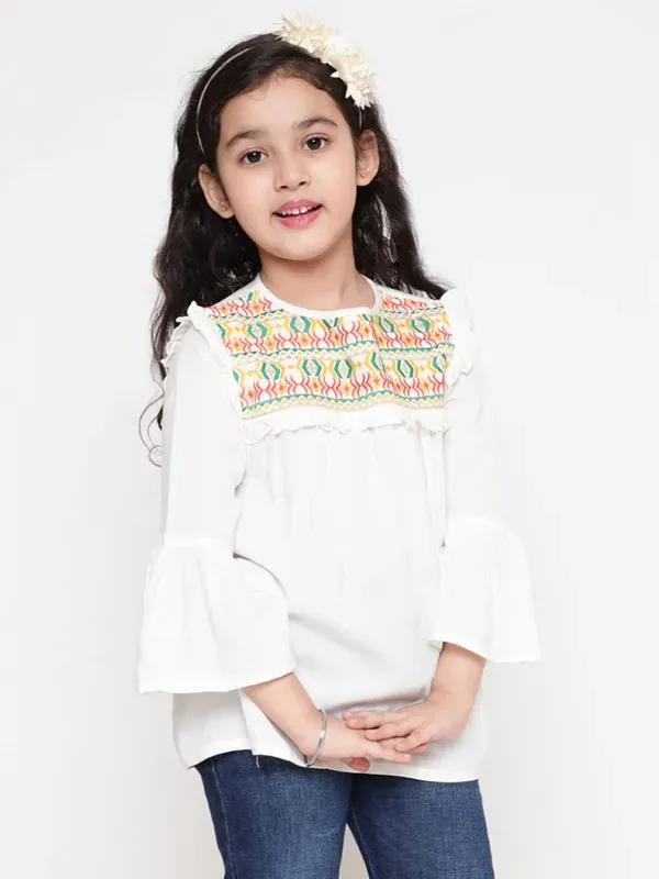 White_Rayon_Floral_Embroidery_Round_Neck_Casual_Top_For_Girls