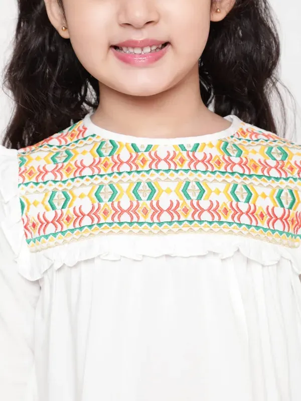 White_Rayon_Floral_Embroidery_Round_Neck_Casual_Top_For_Girls