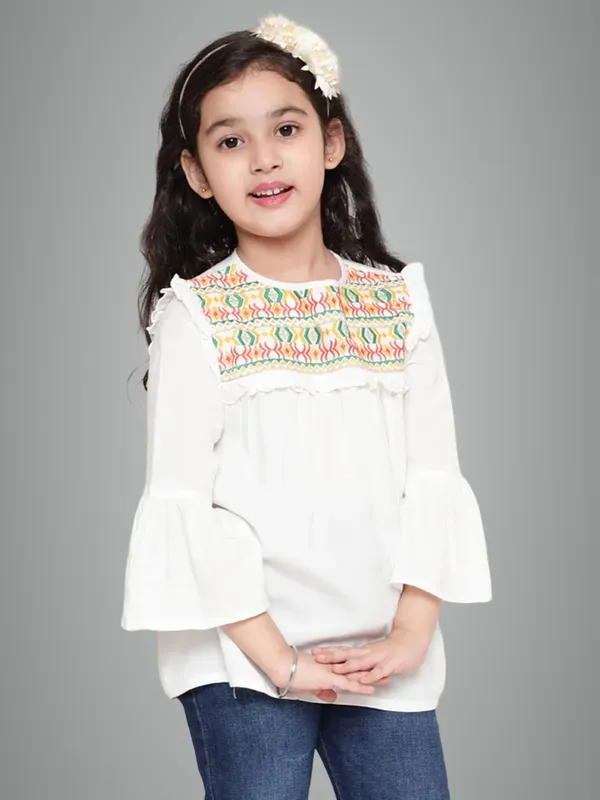 White_Rayon_Floral_Embroidery_Round_Neck_Casual_Top_For_Girls