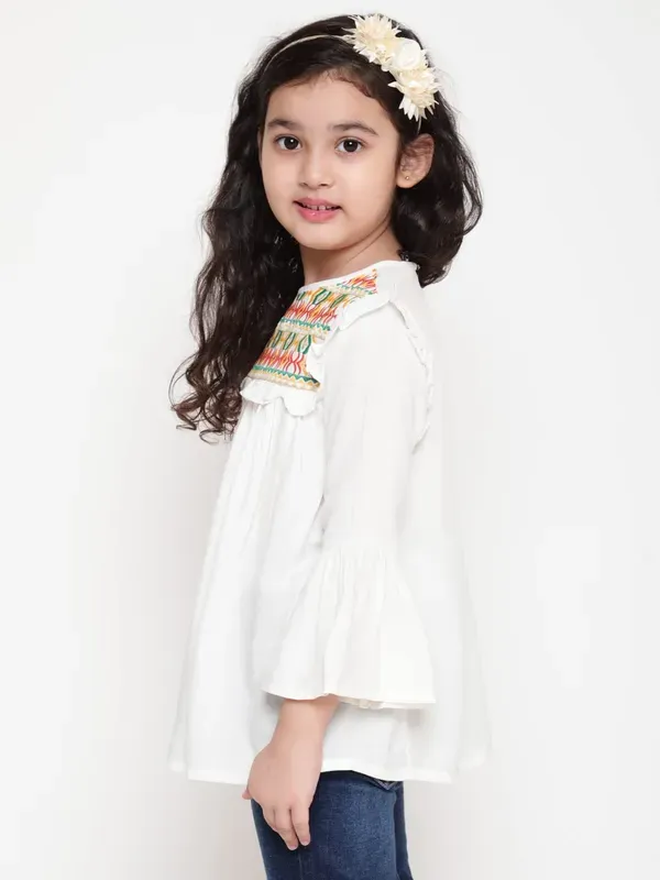 White_Rayon_Floral_Embroidery_Round_Neck_Casual_Top_For_Girls
