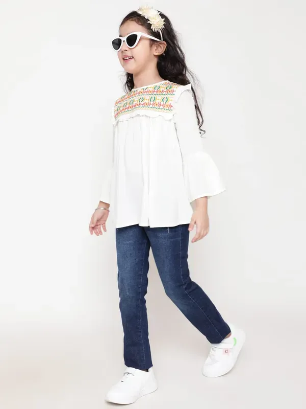 White_Rayon_Floral_Embroidery_Round_Neck_Casual_Top_For_Girls